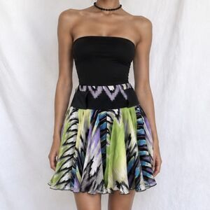 Vintage Y2K 90s Black Silk White Purple Green Flared Pleated Mini Skirt Size S